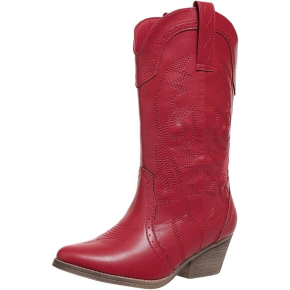 Women Cowgirl Cherry Red Synthetic Mid Calf Embroidered...
